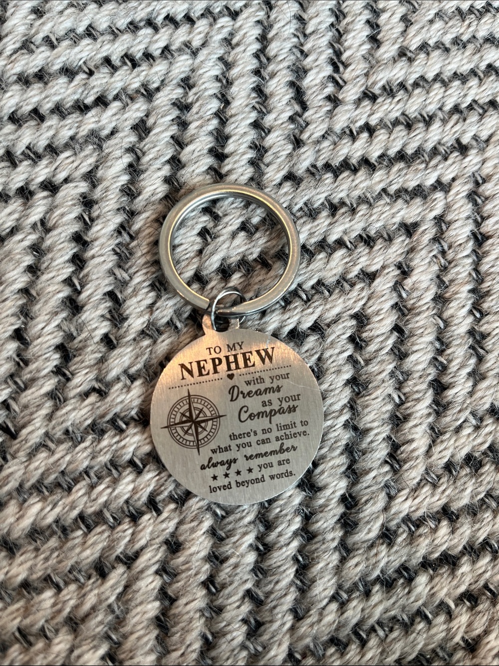 To My Nephew Compass Message Round Keychain - Silver NWOT